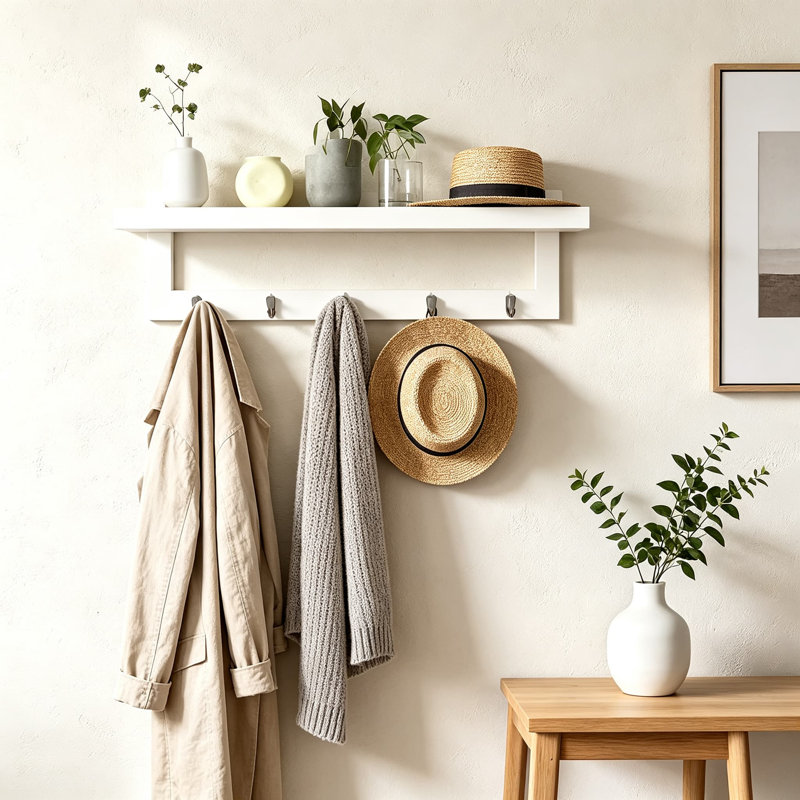 Porte-manteau mural avec tablette pour entrée, tablette suspendue en bambou avec deux crochets métalliques pour salle de bain, chambre, cuisine, buanderie
