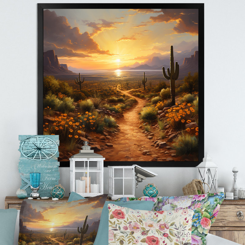 Cactus, coucher de soleil, désert, rêves au Mexique II - reproductions d'art mexicaines, Cadre simple noir
