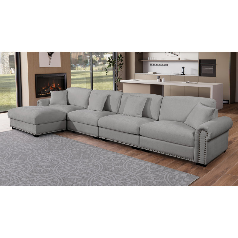 Canapé modulaire moderne en L avec repose-pieds mobile, Polyester gris clair