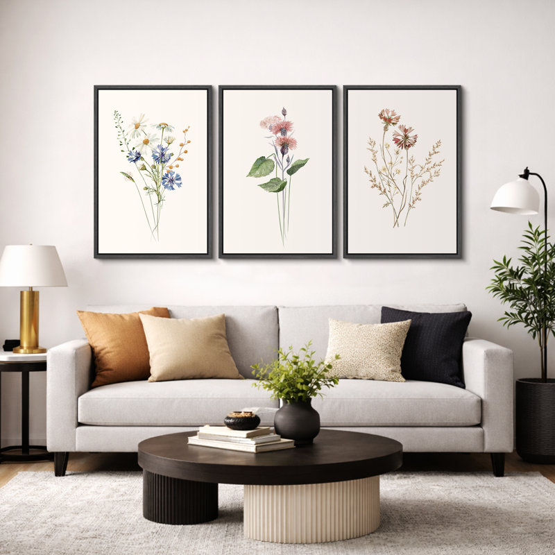 "Minimal Botanical" Pastel Wild Flower Daisy Variétés, H 24 po x l 48 po, Cadre flottant noir