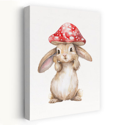 Whimsical Bunny Mushroom Whimsical Abstract Contemporary Rabbit Forest Nature Wall Art Print by Mathieu - Wrapped Canvas Print