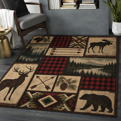 Tapis rustique à motif patchwork 1pcs avec motif de pin et d'orignal et de flèches, envers antidérapant, tapis de sol lavable facile à nettoyer pour le salon, la cuisine, la cuisine et la maison