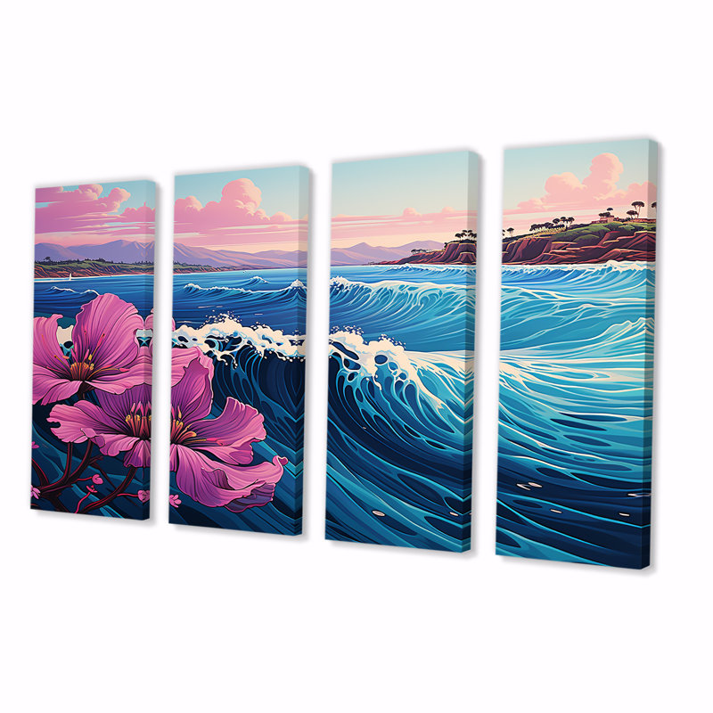 Bleu et mauve attrapant des vagues au Japon - Japon, art mural 4 pièces, H 28 po x l 48 po