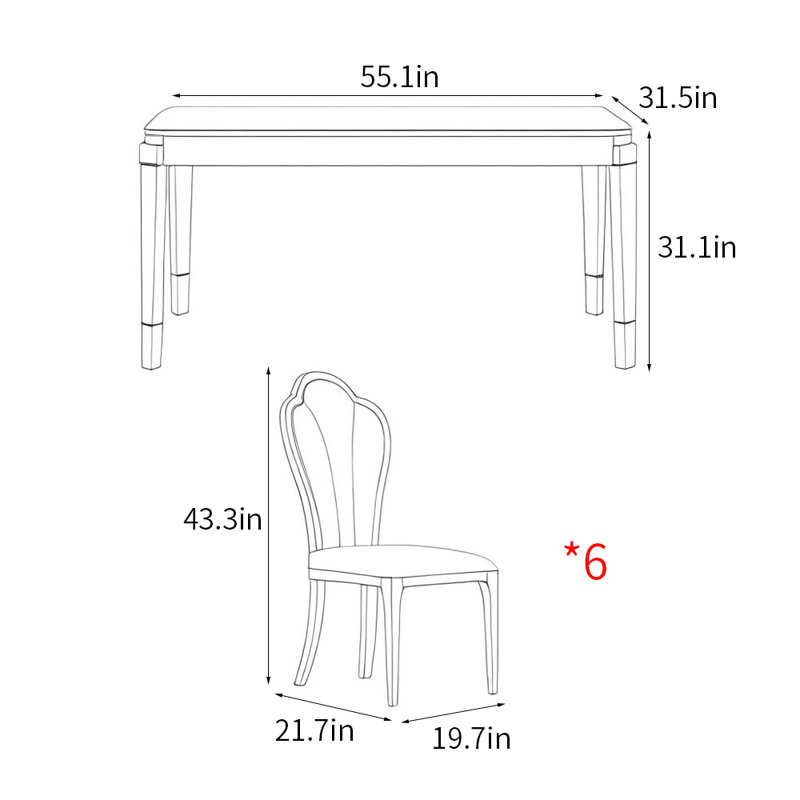 Ensemble de table de salle à manger rectangulaire moderne de style français, H 31,1 po x L 55,1 po x l 31,5 po
