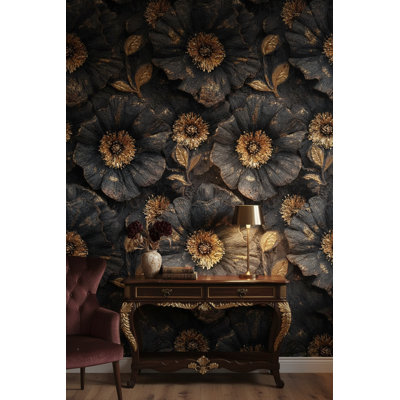 Papier peint floral, murale noire, décoration murale dorée