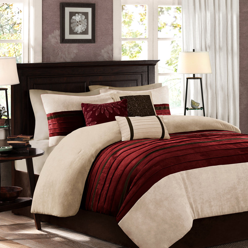 Couette Queen rouge - Ensemble de literie élégant 7 pièces en imitation suède avec coussins décoratifs - Facile d'entretien - Lavable et repassable