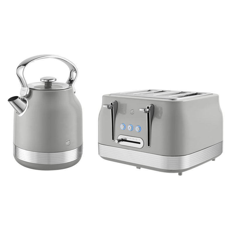Swan Retro Kitchen Set, 1.7L Rapid Boil Traditional Kettle and 4 Slice Toaster, Non-Slip Feet, Grey
