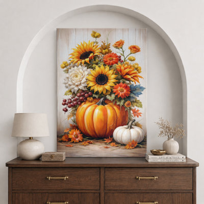 Autumn Pumpkin and Sunflower Harvest Arrangement Artwork, Dining Room Pictures, Framed Canvas Giclee Print Wall Art