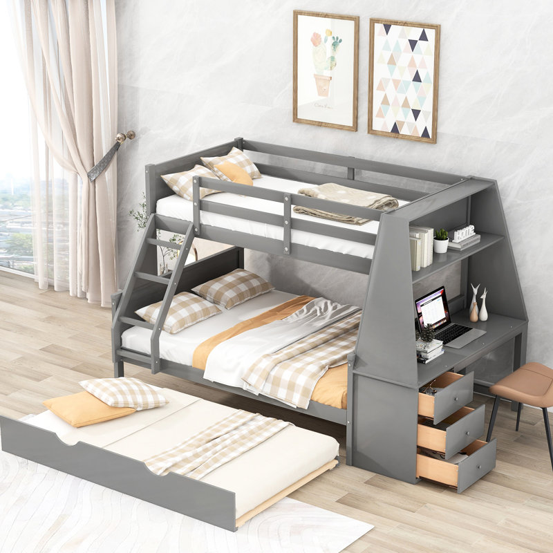 Lit superposé gris avec lit simple superposé double, lit gigogne, bureau et rangement, tablette - Proéminence, Gris
