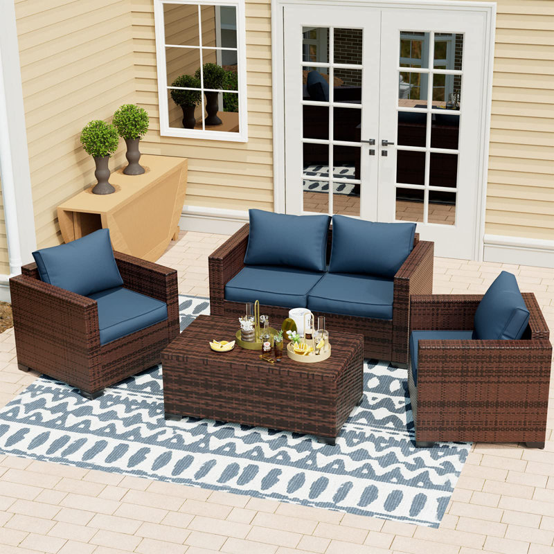 Azoriah Wicker 4 - Person Outdoor Seating Group with Storage, Navy Blue