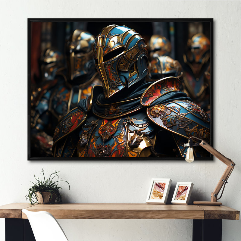 Chevaliers médiévaux I - art mural militaire pour le salon, Cadre flottant noir, H 34 po x l 44 po x P 1,5 po