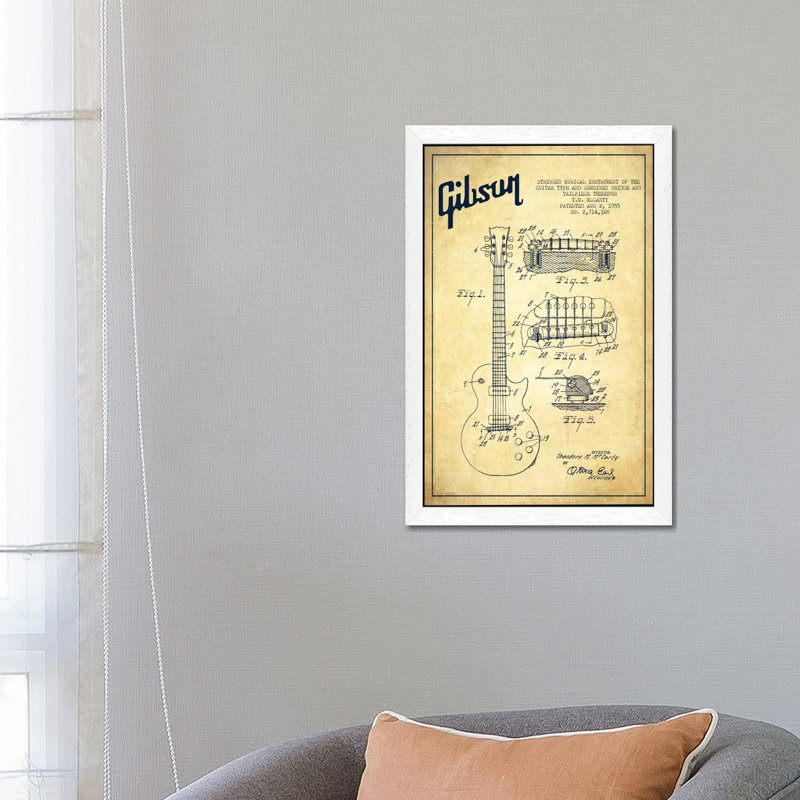 Gibson Guitar - Print on Canvas, 101.6 cm H x 66.04 cm W, White Framed