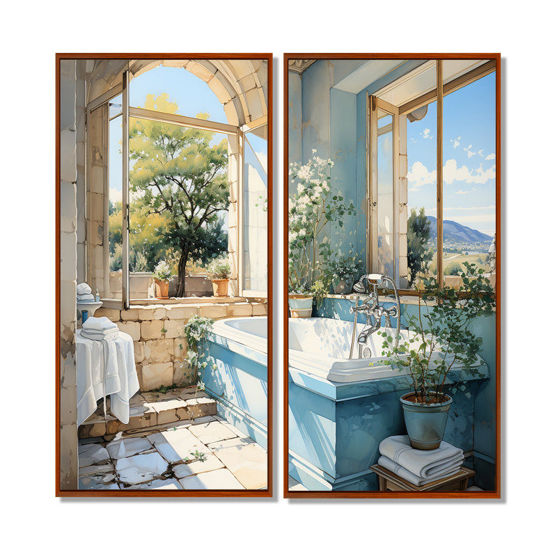 «Bathroom Bathroom Fresh» - art mural bleu, 32" H x 32" W, Brown, Framed Print without Mat