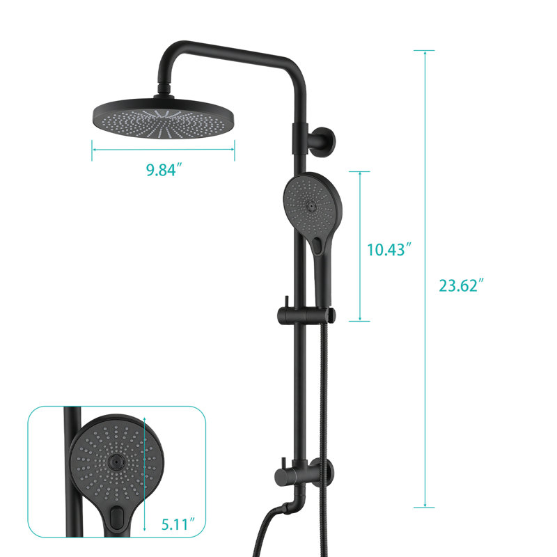 Pomme de douche 8 po avec douchette à pluie et douchette à main - barre coulissante 3 réglages, noir mat