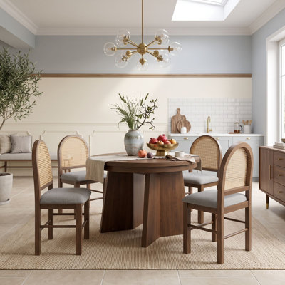 Ensemble de salle à manger rond extensible rétro 5 pièces pour 4 personnes avec chaises rembourrées à dossier en rotin