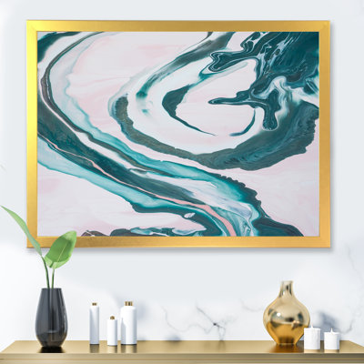 Liquide turquoise, bleu et marbre blanc, art II - peinture sur toile