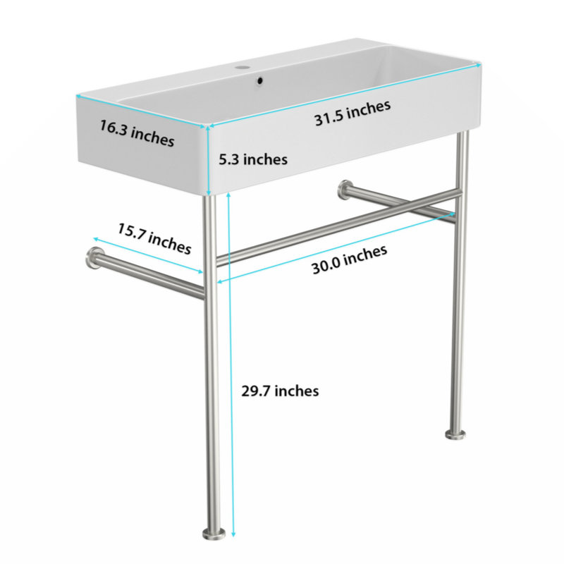 Glossy White Ceramic Rectangular Console Sink with Steel Legs
