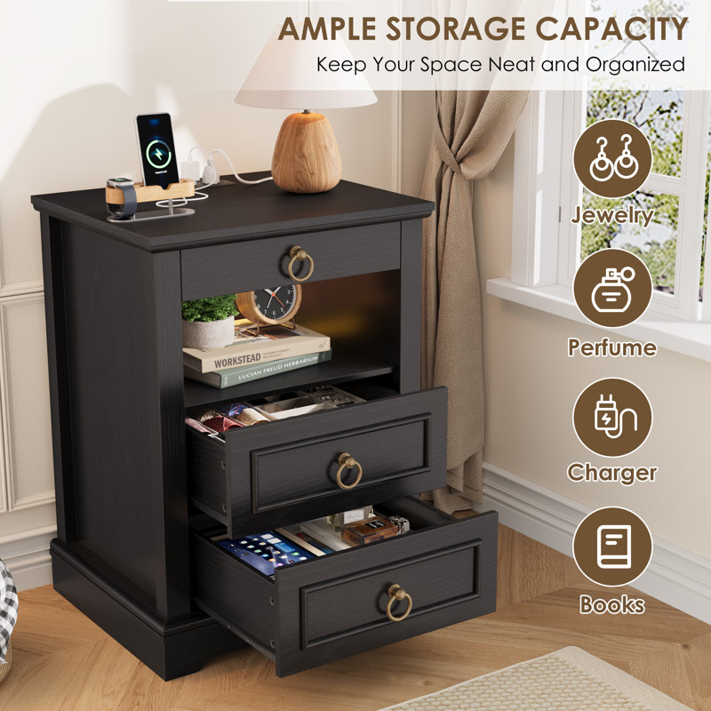 3-Piece Smart Illuminated Bedroom Set -Tall Storage Bed and LED Nightstands with Charging Station