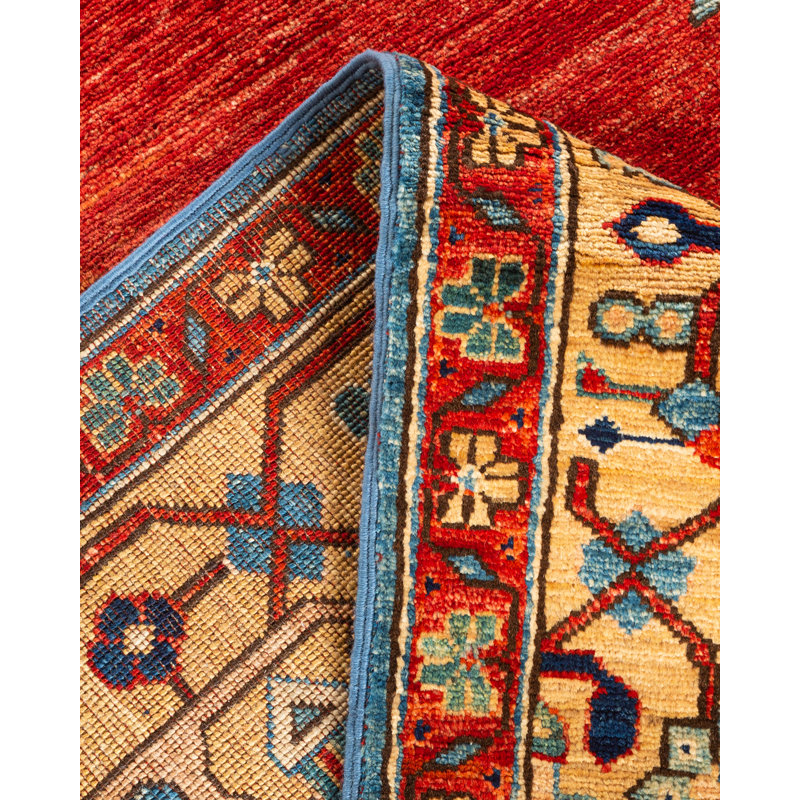 Tapis bleu clair / rouge en laine noué à la main de conception unique 12 pi 2 po x 15 pi 4 po New Age