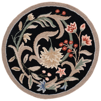 Tapis noir / beige en laine crocheté à la main à motif floral Hollander
