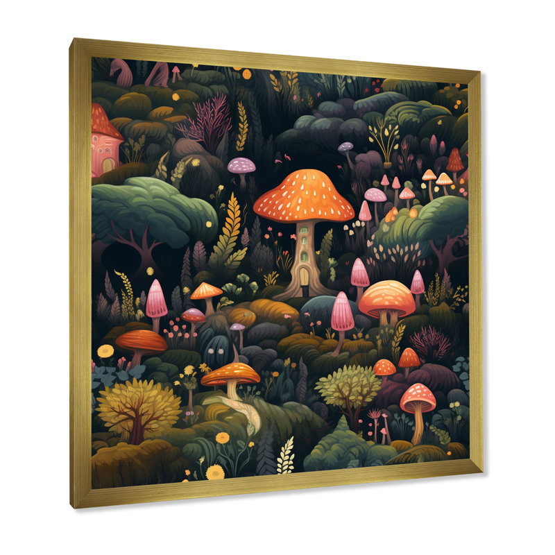 Magical Mushroom Enchanted Forest - Art mural champignon, H 30 po x l 30 po x P 1 po, Cadre doré à une seule photo