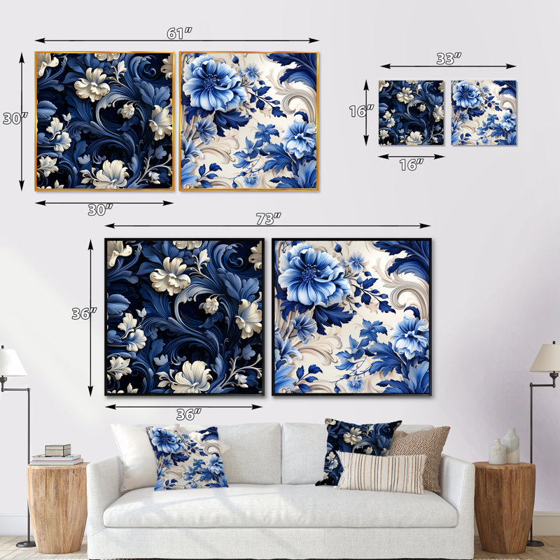 Gussie - Ensemble de 2 collages carrés floraux, Cadre flottant blanc, H 30 po x l 61 po