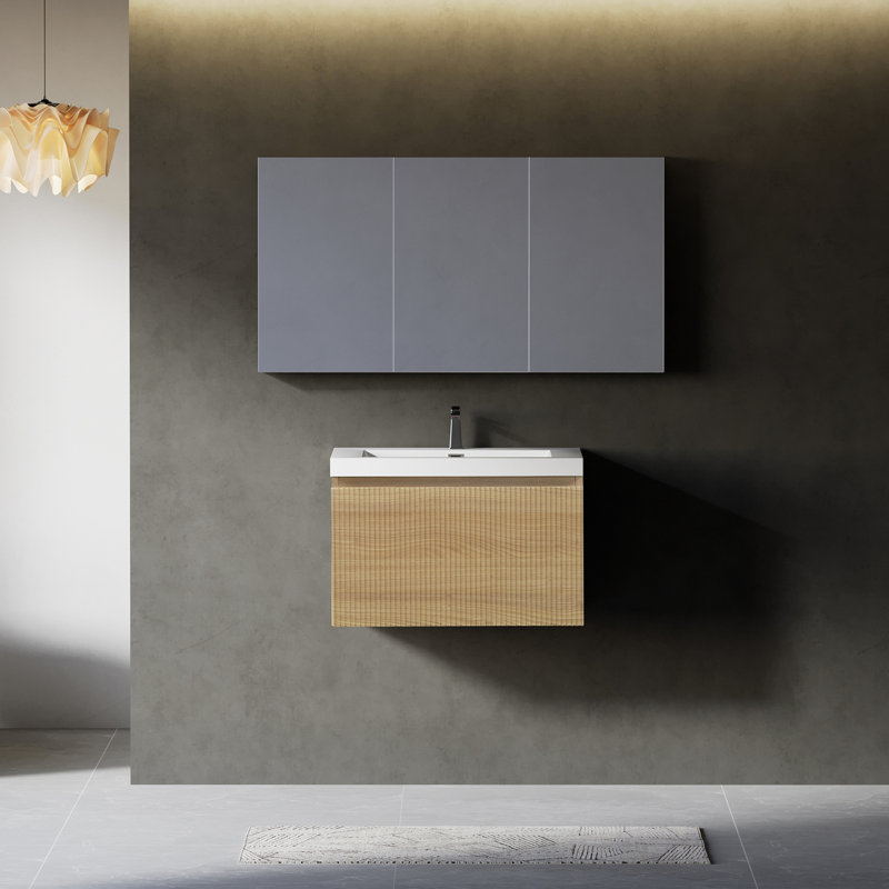 Meuble-lavabo flottant avec lavabo, Blanc, Bois de chêne naturel, 24"