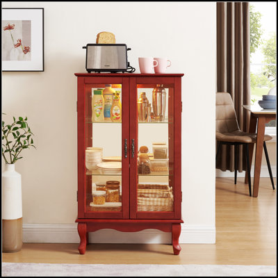 2 Doors Curio Cabinet With Tempered Glass, Mirrored Back, And Internal Lighting For Elegant Display