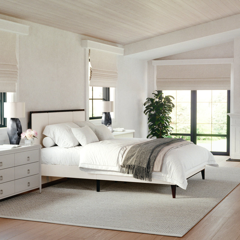 Martha Stewart Jett Wooden Platform Bed With Upholstered Base And Triple Inset Headboard, Beige, Queen