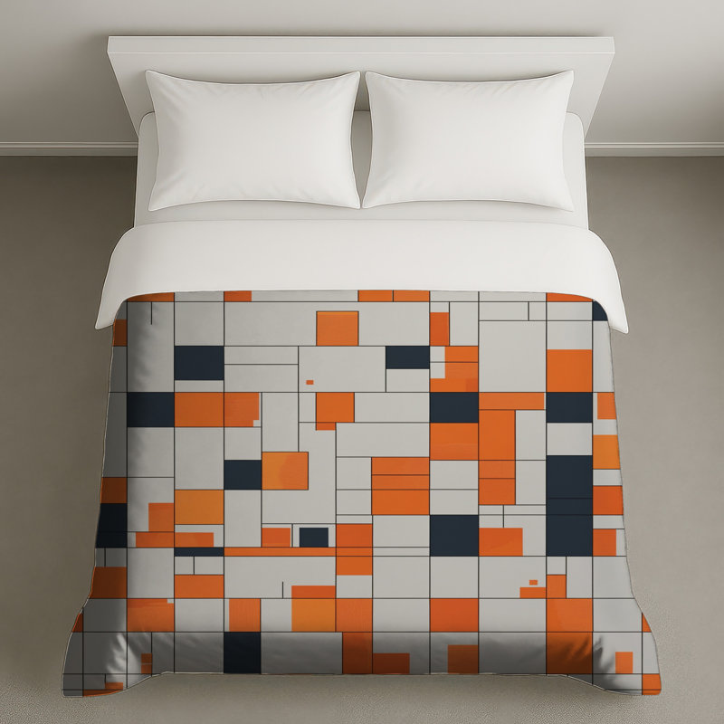 Orange, blanc, noir, grille, housse de couette, Queen