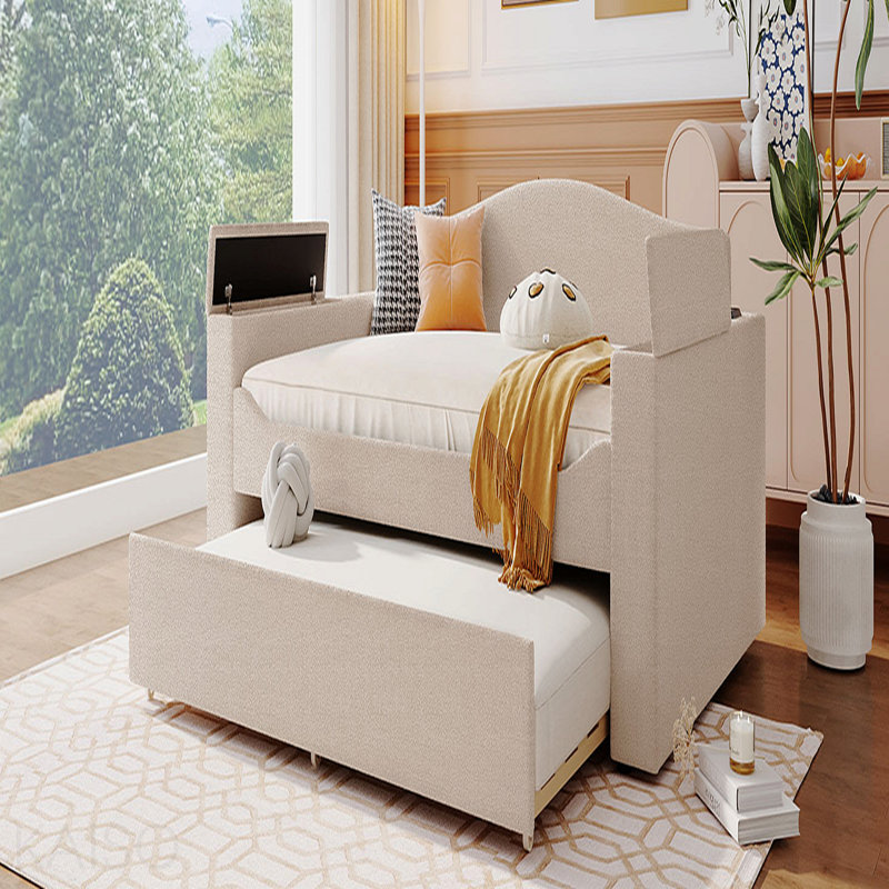 Lit de jour double rembourré avec accoudoirs de rangement, couchette et dernier système audio Bluetooth intégré, molleton Teddy, beige