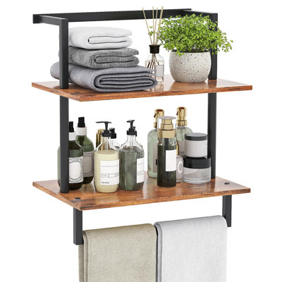 18.1”H x 15.7”W x 9.4”D Wall Mounted Towel Rack, Steel and Wood Towel Shelf with Bar, 3-Tier, (Rustic Brown)