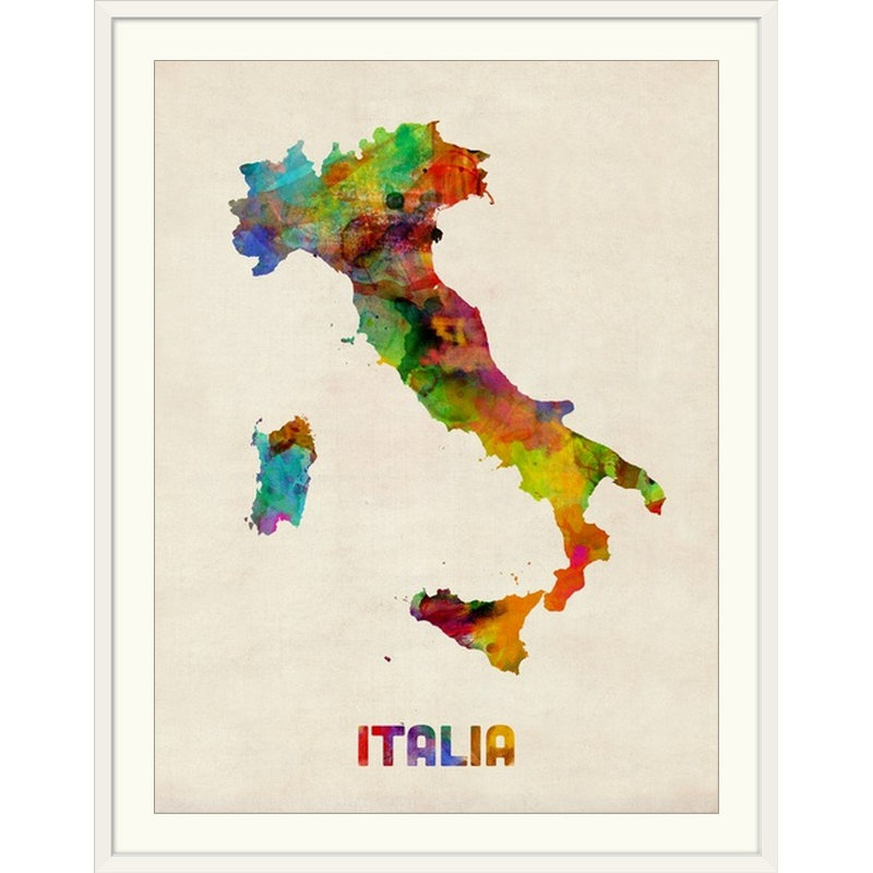 Francy «Italy Watercolor Map» par Abarca, impression, Cadre blanc, H 24 po x l 20 po x P 1 po