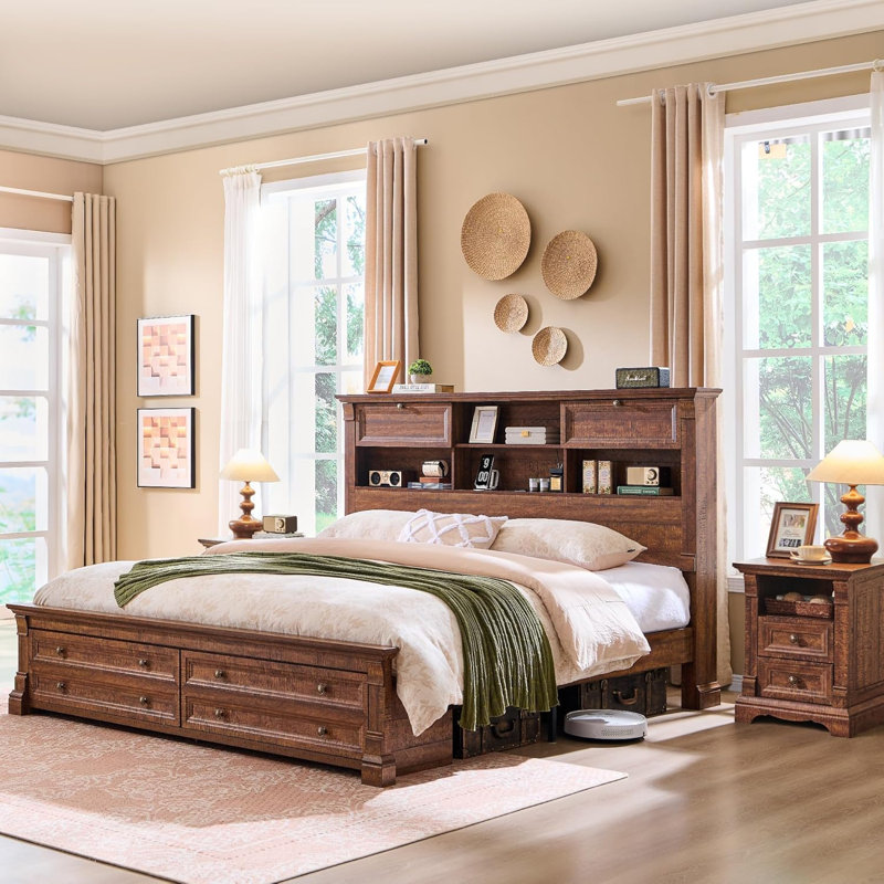 Farmhouse King Size Bed Frame, Storage Bed With Charging Station, Brown, King