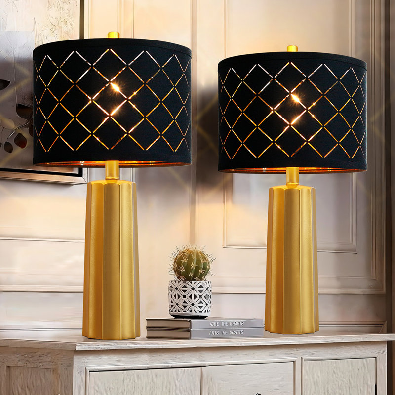 24” Golden Pillar Lamp Set With Black Grided Shade(Set Of 2)