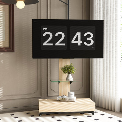 Chariot mobile pour téléviseur de 32 à 75 pouces, support en bois et verre à hauteur réglable avec tiroir, salon, chambre à coucher, bureaux, apparence moderne et élégante, hauteur en pouces, roues idéales