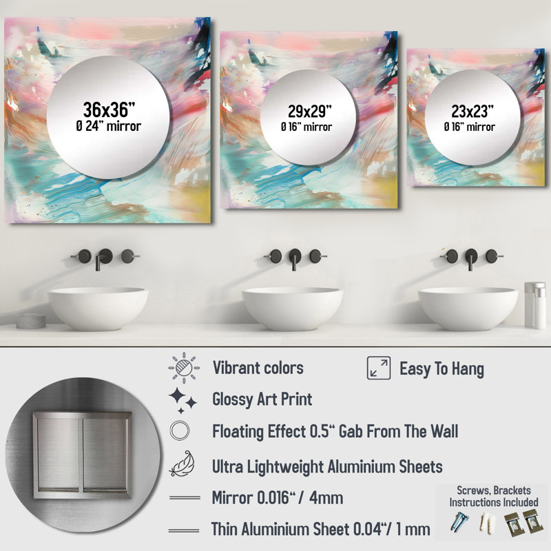 Daviana - Art mural miroir carré abstrait pour salle de bain, 36 po x 36 po