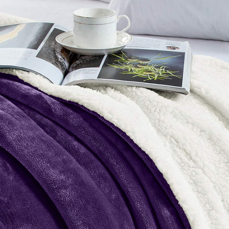 Super Soft Sherpa Fleece Fur Thick Dual Sided Flannel Reversible Blanket Throw, Double 150cm x 200cm, Purple