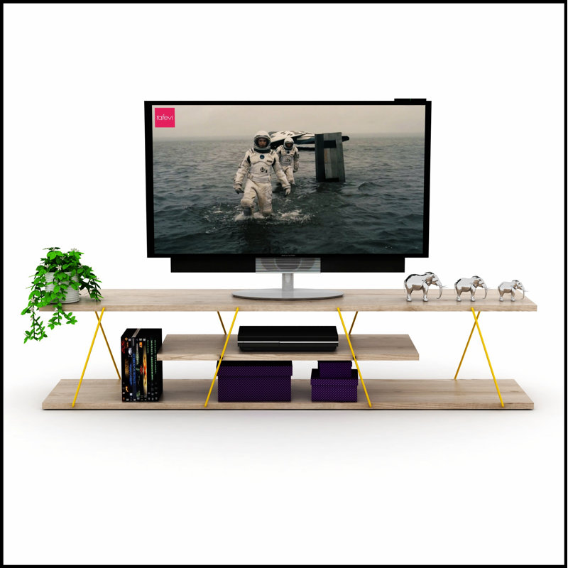 FurnisHome Mid Century Modern TV Stand with 4 Shelves, Open Storage, and Metal Cords, 56 Inch Low Unit in Oak/Yellow, Oak