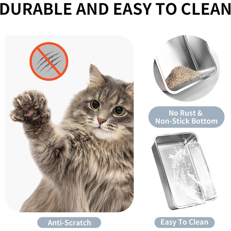 Bac à litière en acier inoxydable pour chat avec couvercle, H 12 po x l 14 po x P 19,6 po, Gris
