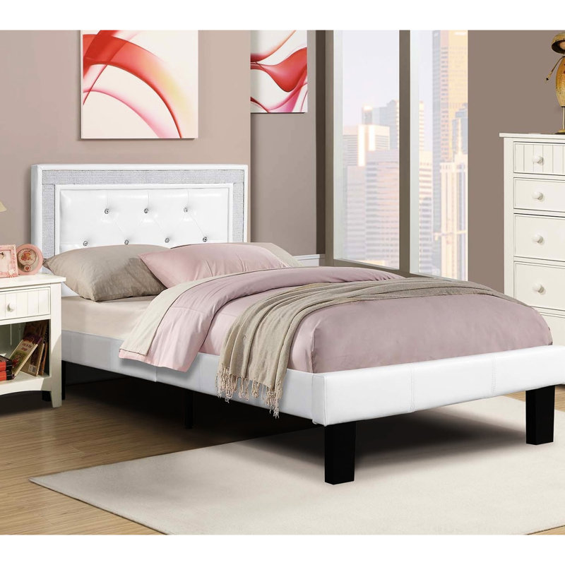 Twin Bed Frame Of Style, White Finish, Faux Leather, Diamond Headboard, Bedroom Radiance Size With Middle Support Legs, Upgrade