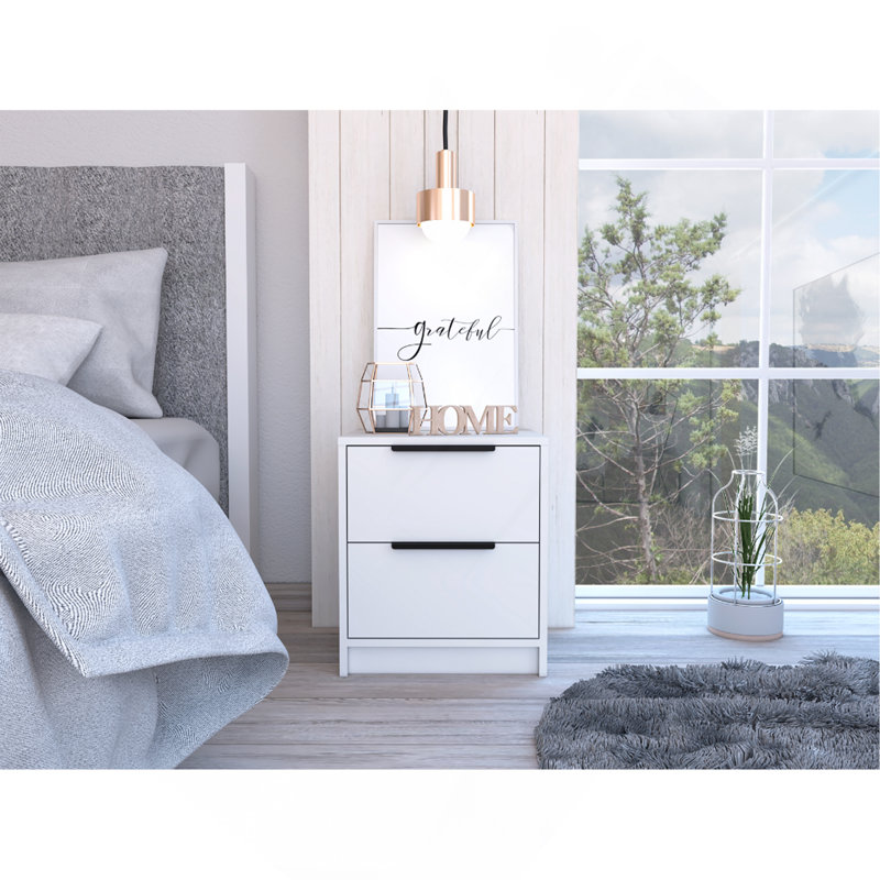 Table de chevet moderne H 19 po, deux tiroirs, blanc, Blanc