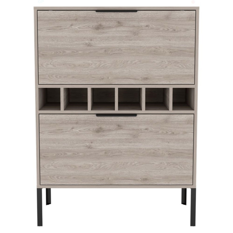 Lyrata Bar Cabinet,  Six Built-In Wine Rack, Double Door, Gray, 43.34" H x 31.35" W x 13.65" D