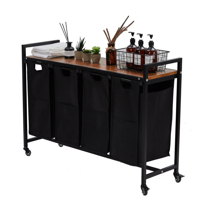 Laundry Hamper, 4 X 36L Laundry Bags & 2 Tier Adjustable Storage Shelf, Pull-Out And Removable Laundry Baskets, For Home/Hotel Black