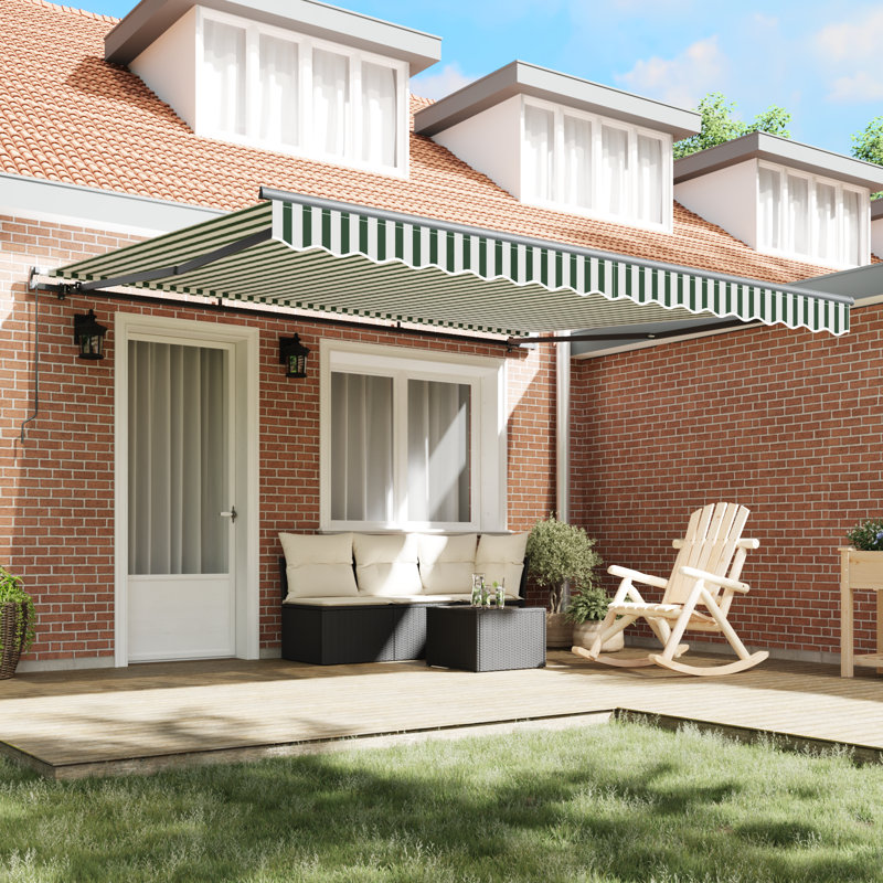Brayden Studio Retractable Patio Awning, Green/White Striped, 400 cm W x 300 cm D