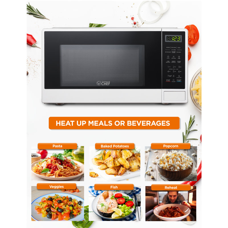 CHM Series COMMERCIAL CHEF 1.1 Cu Ft Microwave with 10 Power Levels, Small Microwave with Push Button, White