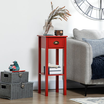 Table d'appoint rouge avec tiroir et tablette pour la décoration intérieure. Deux côtés rouges, extrémité étroite, idéale pour le salon et la chambre. Offre un espace de rangement supplémentaire pour magazines, livres, plantes et photos. Son style élégant s'harmonise avec tous les intérieurs. Fabriqué en