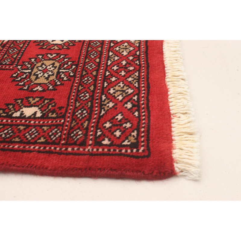 Tapis géométrique rouge / crème / noir en laine noué à la main 2 pi 8 po x 4 pi 1 po Peshawar