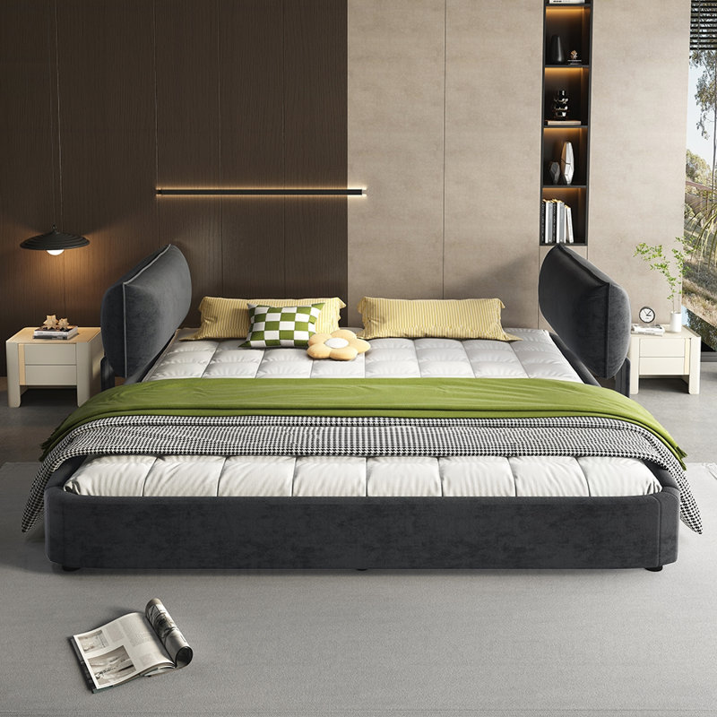 Très grande base de lit avec très grande tête de lit amovible rembourrée et lit tapissier, Gris foncé