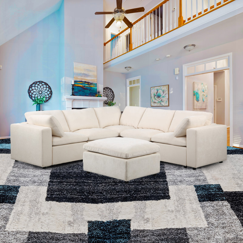Kierran 6 Piece Chenille Modular Sectional, Beige Chenille